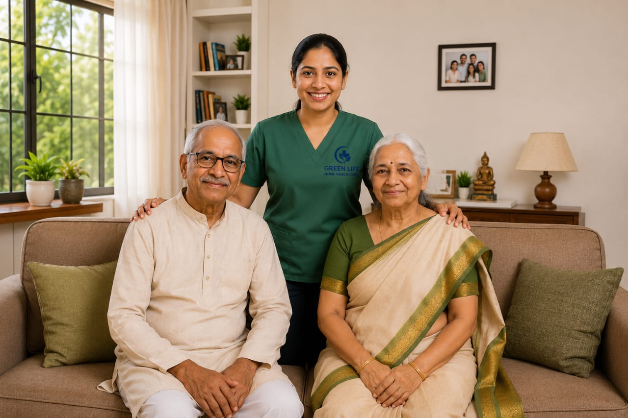 Green Life nurse with elderly Chennai family at home