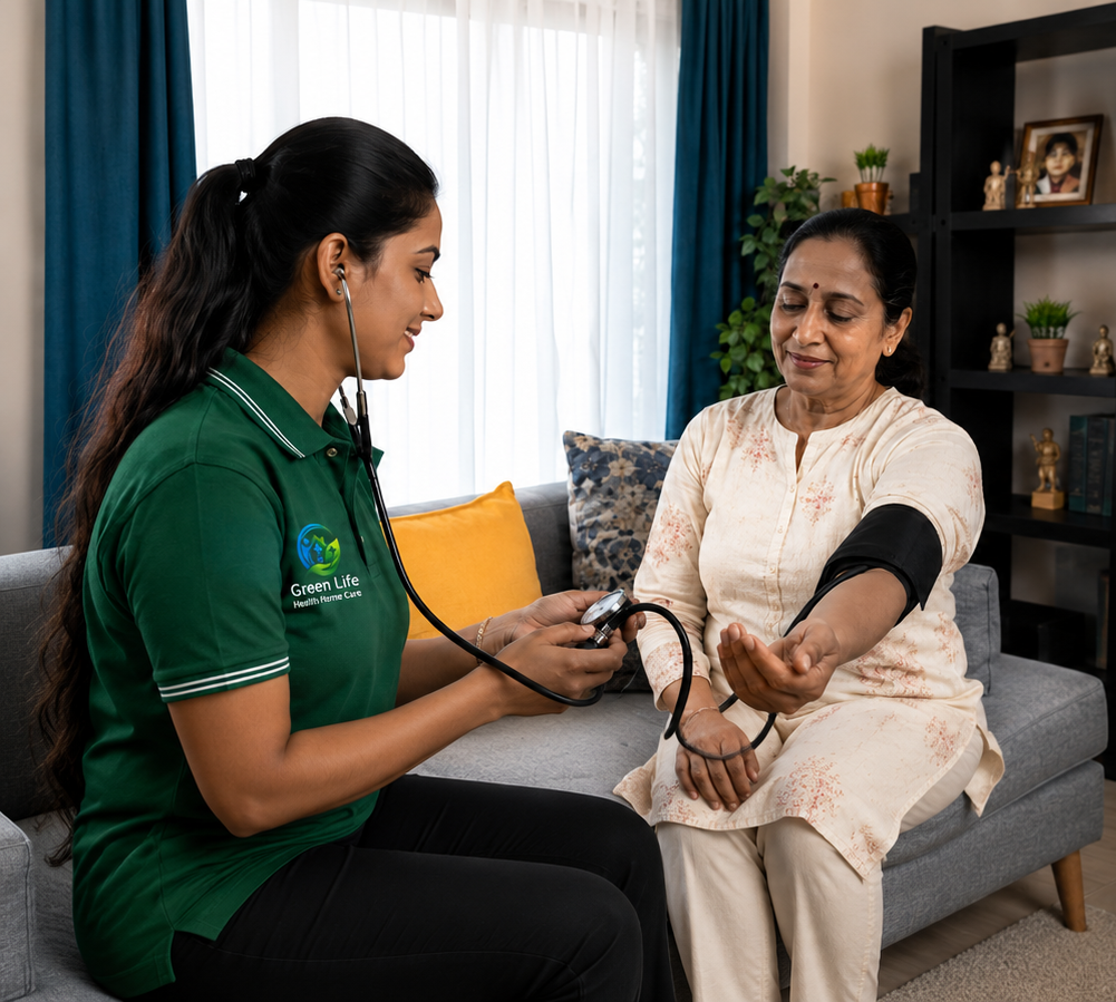 Green Life nurse checking a patient's blood pressure at home